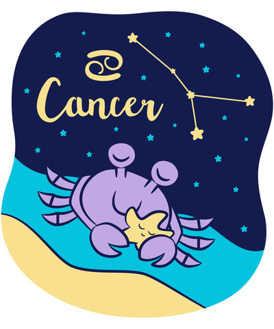 Celebrate your Cancer Zodiac personality with our prints featuring your sign, constellation, and your identifying cancer crab water sign mascot. Printed on our classic soft organic  cotton stretch signature knit and cut.