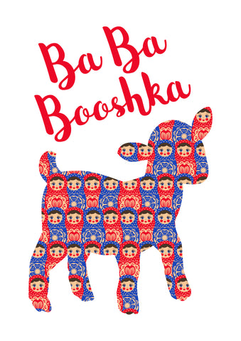 Girls Graphic T-Shirt for ages 2 to 6 years old.  Printed on our classic soft organic white cotton stretch signature knit and cut.  Babushka Dolls and a Little Lamb screen print make this fun "play on words" cute tee.   Red White and Blue are the dominant colors in this design.