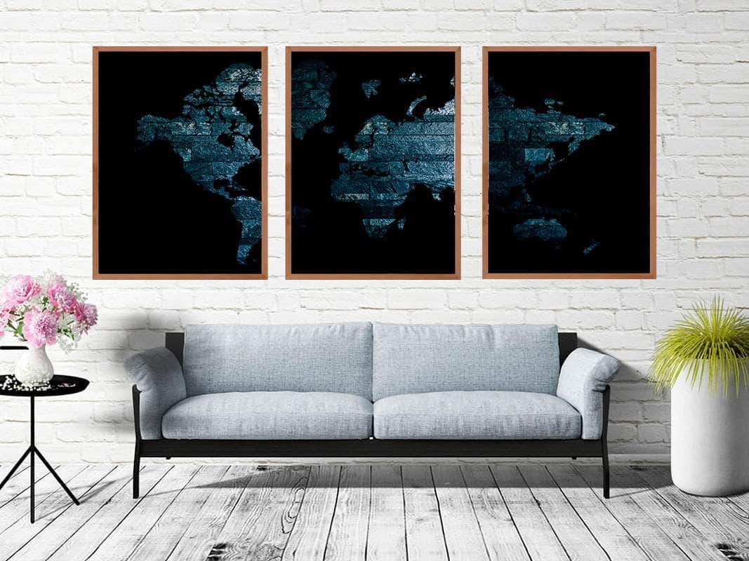 Billede af 3 dele verdenskort plakat - version black