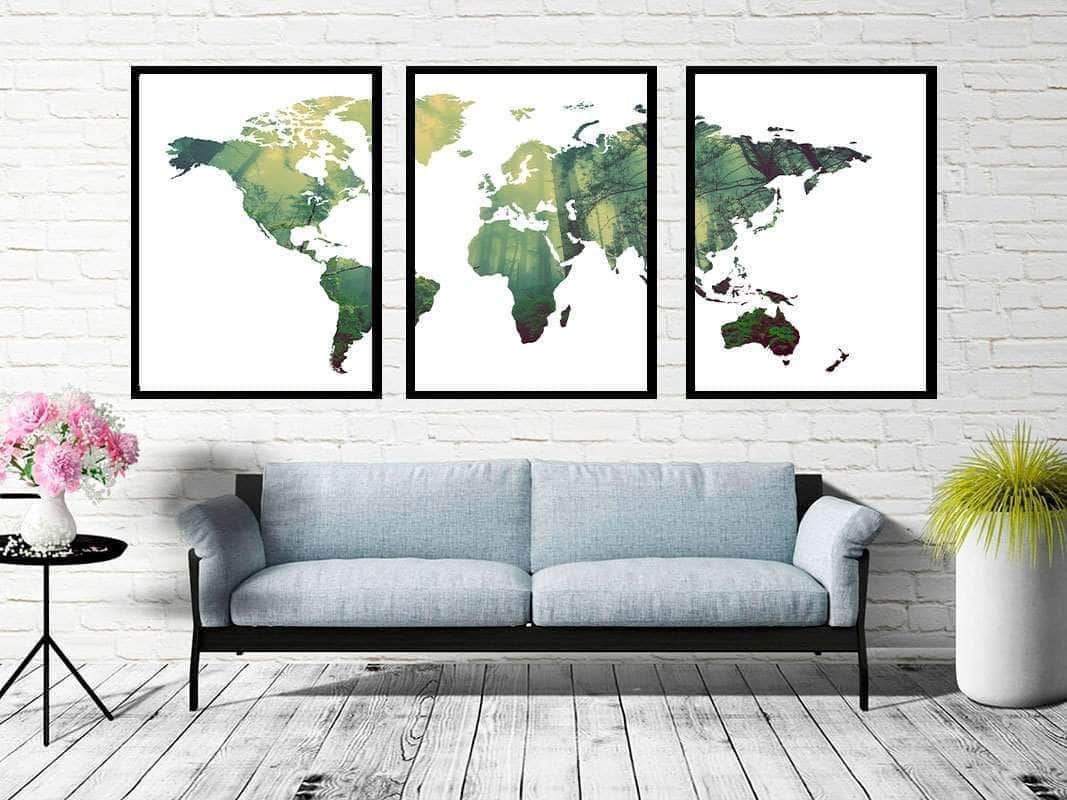 3 delt verdenskort plakat - Skov i tåge