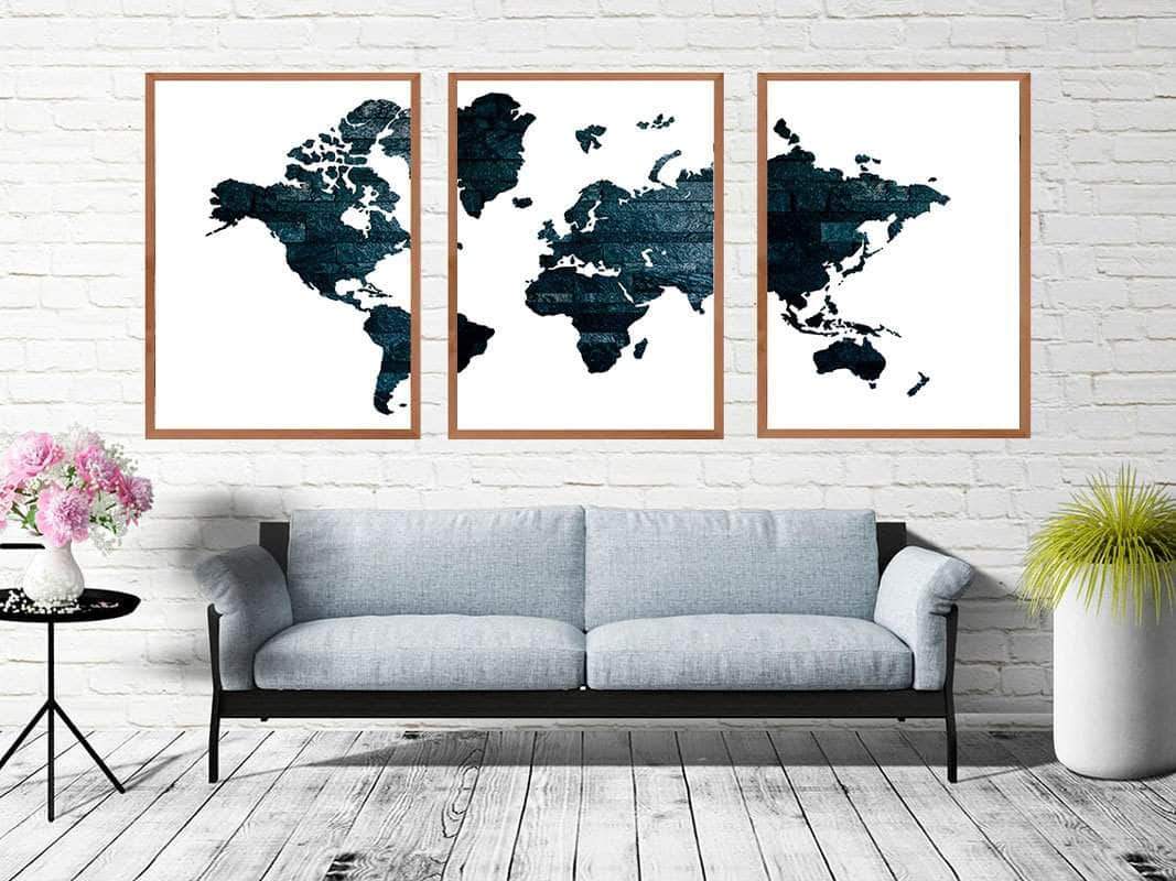 Billede af 3 delt verdenskort plakat - Sort version