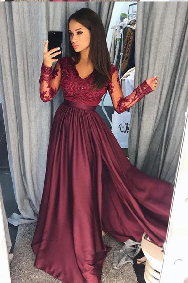 A line Long Prom  Dress  With Sleeves School Dance Dress  