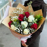 9 Roses & Gyp Bouquet (more colour) - Mitcham Central Flowers