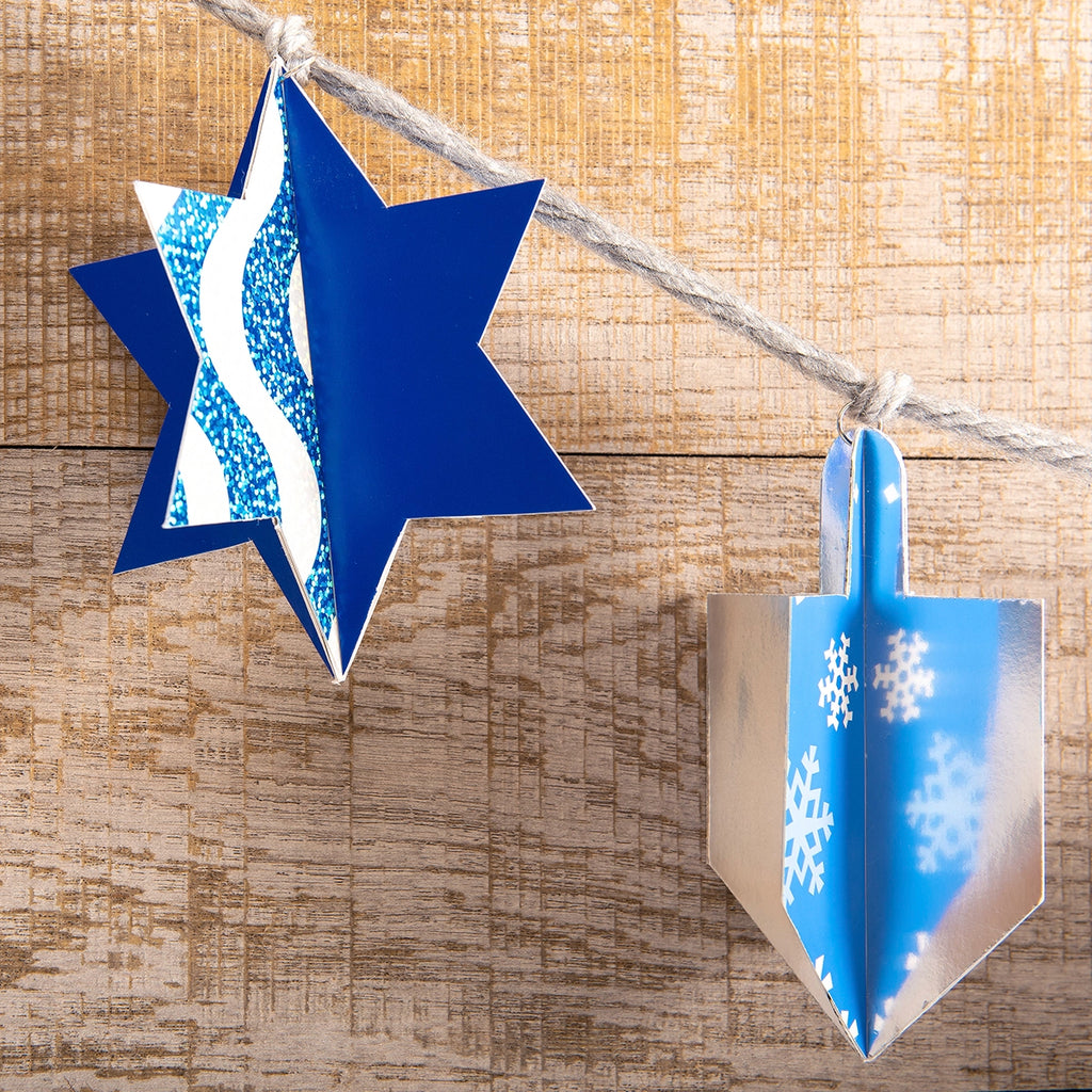 Hanukah garland featuring the Star of David and the dreidel.