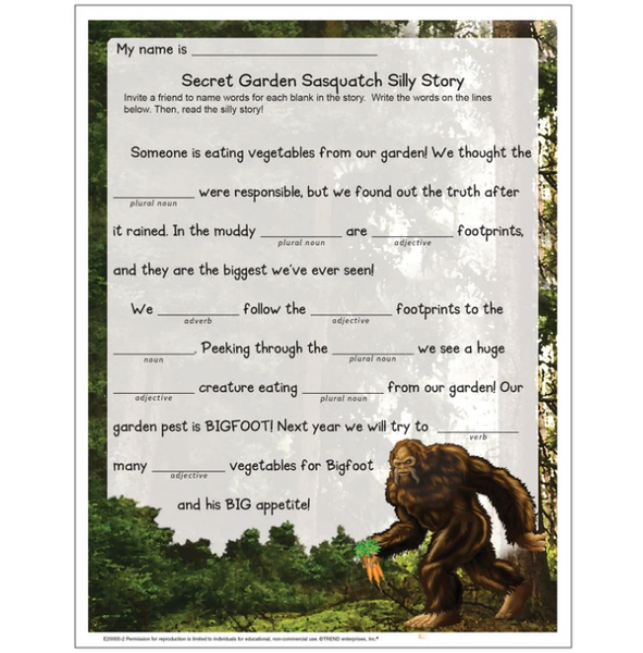 Free worksheet for kids silly story activity about Bigfoot sasquatch