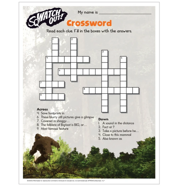 Free Bigfoot crossword printable worksheet activity