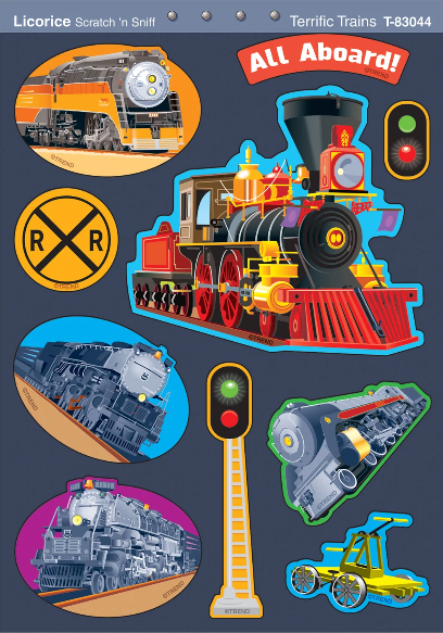 Terrific Trains, Licorice scent Scratch 'n Sniff Stinky Stickers® – Mixed Shapes