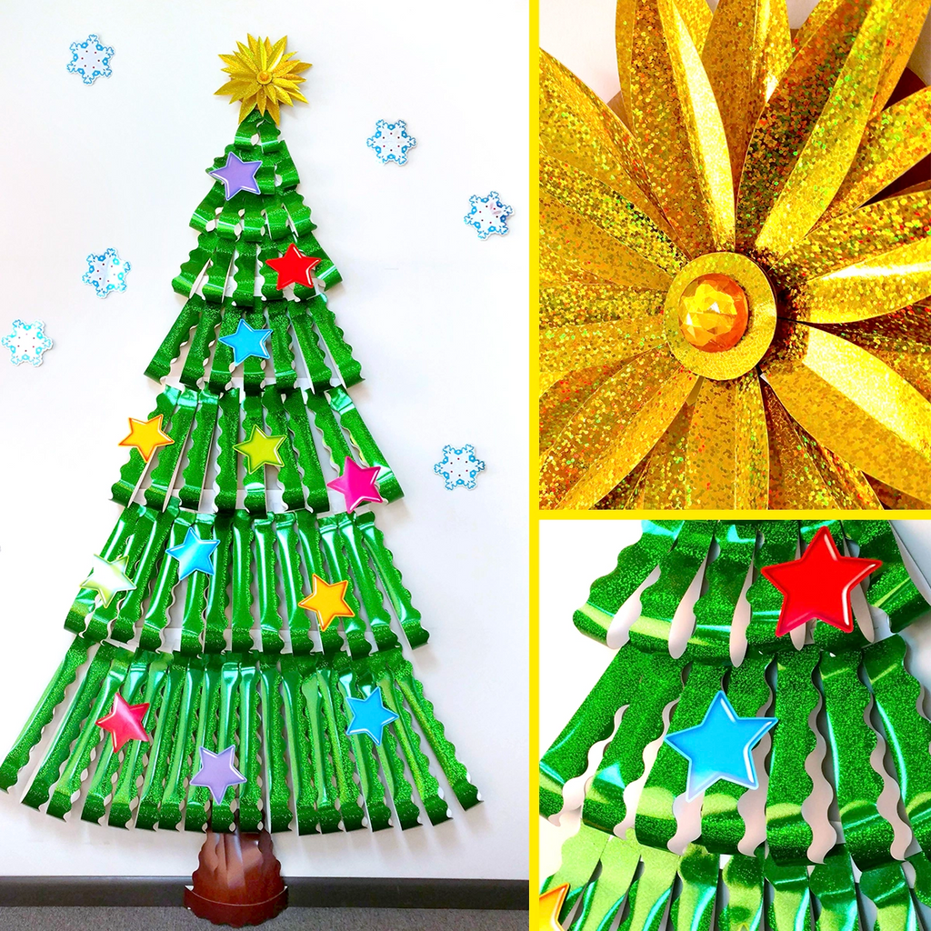 Sparkly green tree made from paper trimmers.