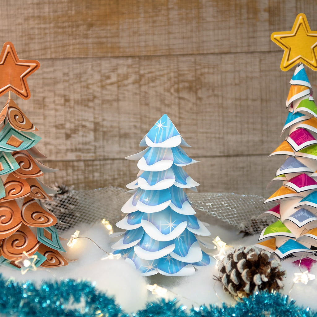 Tabletop holiday tree craft made from paper trimmers.