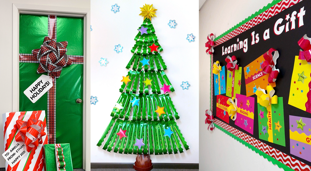 Hero image featuring holiday jumbo bows DIY idea, Sparkle trimmer tree DIY idea, and Learning is a Gift bulletin board display DIY idea.