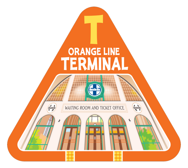 Orange line terminal card from On Track railroad train card game by TREND