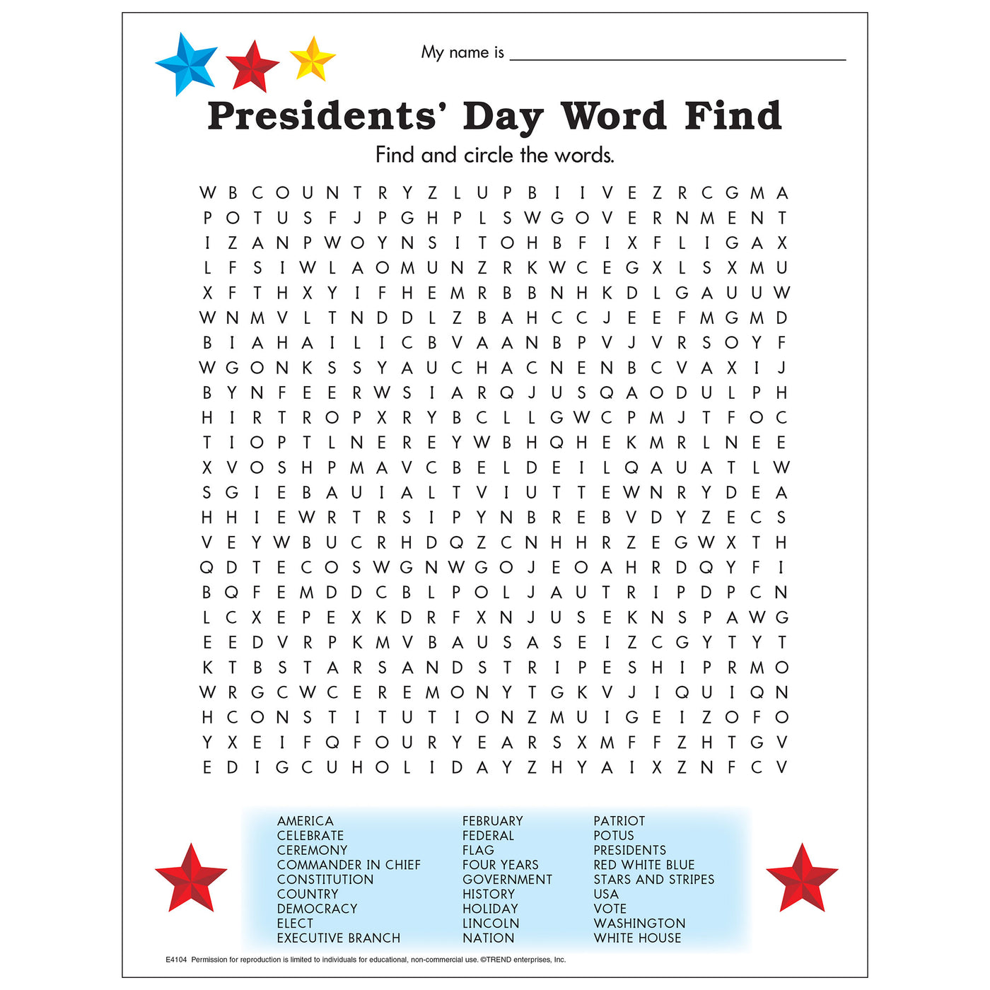 President Day Word Search Printable