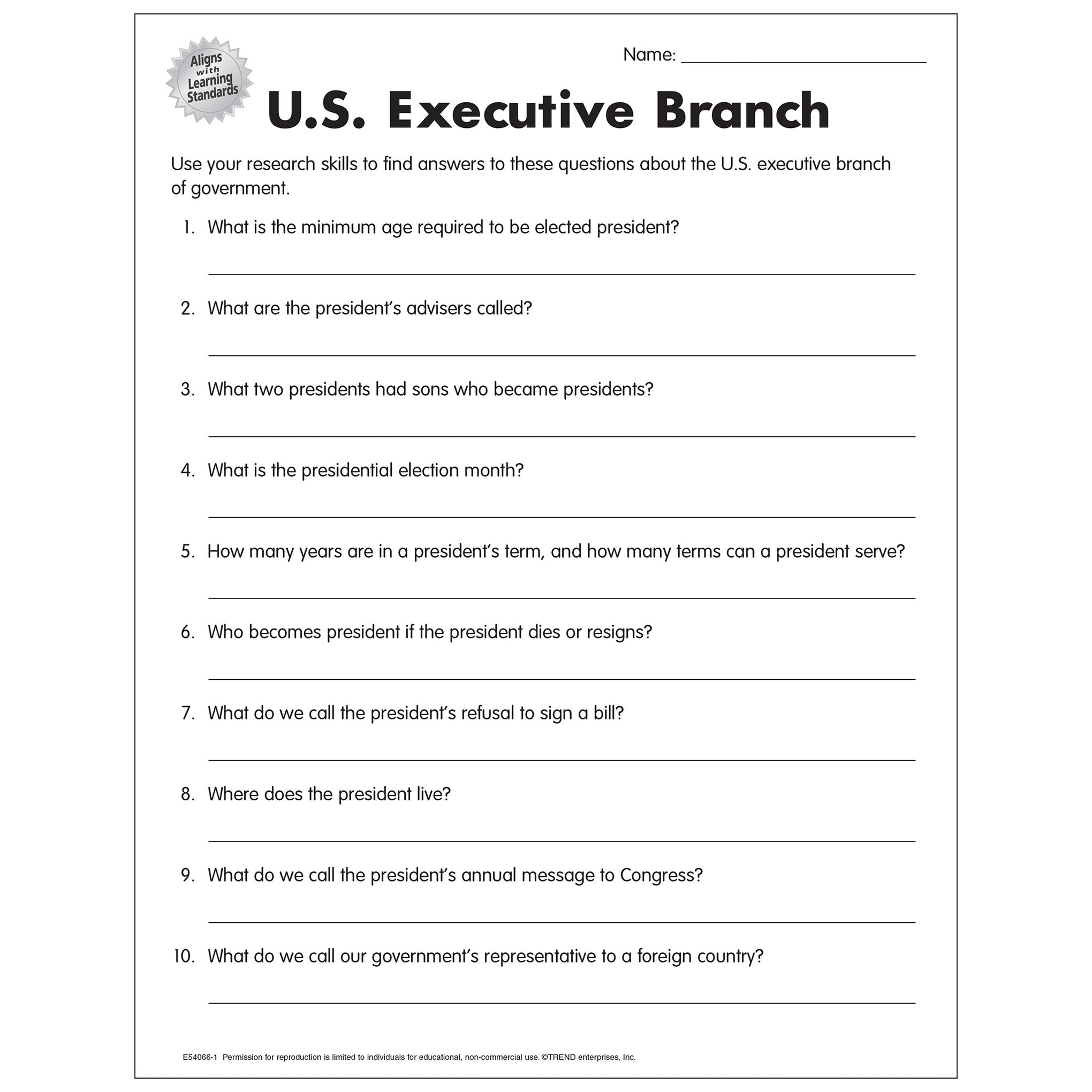 Free Printable US Executive Branch Worksheet E54066 — TREND enterprises