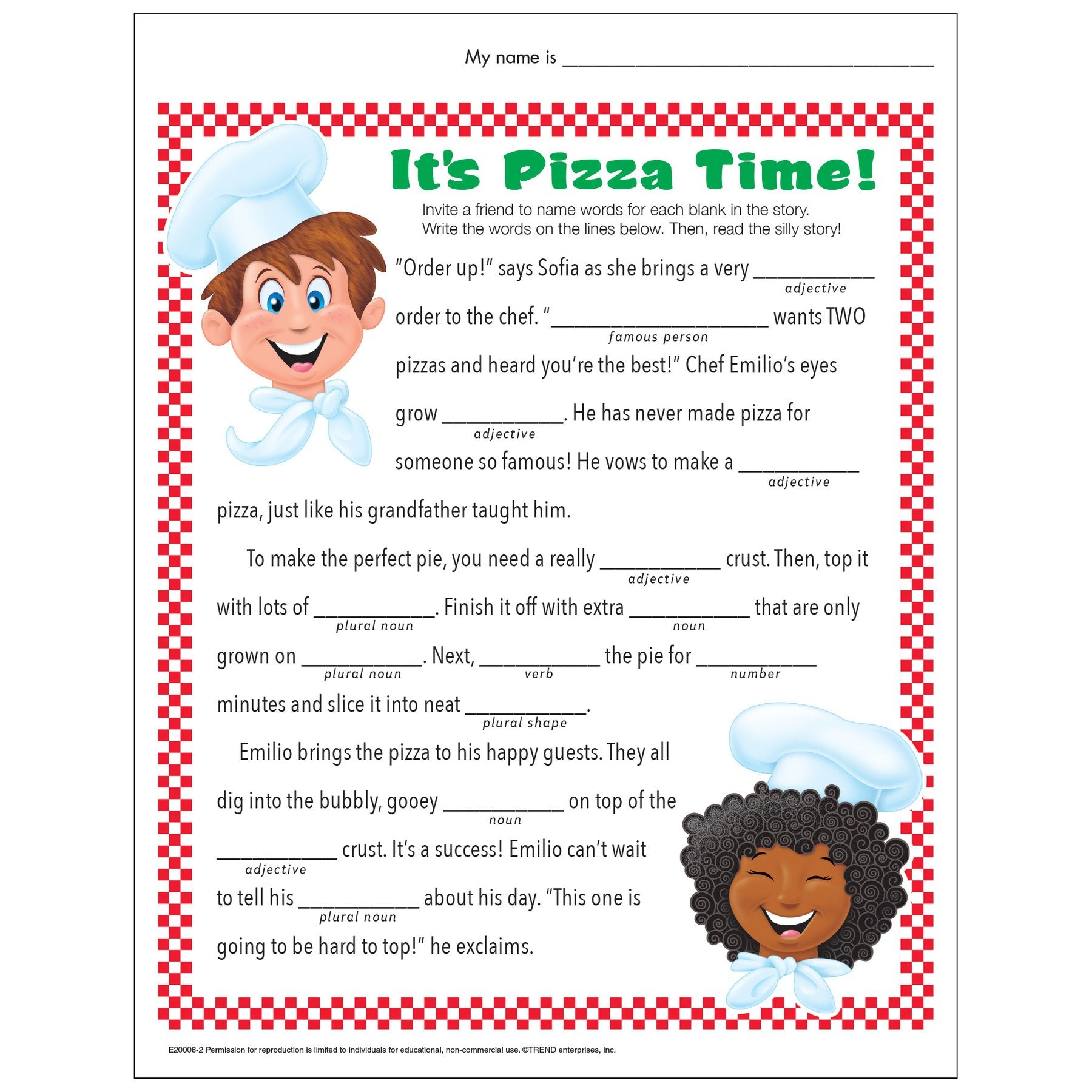 Pizza Time Silly Story Fill-in-the-blank free worksheet