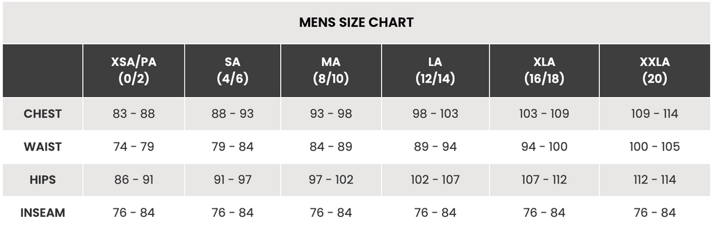 Men's size chart