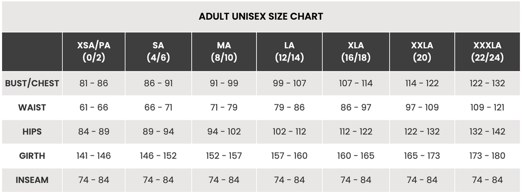 Adult Unisex size chart