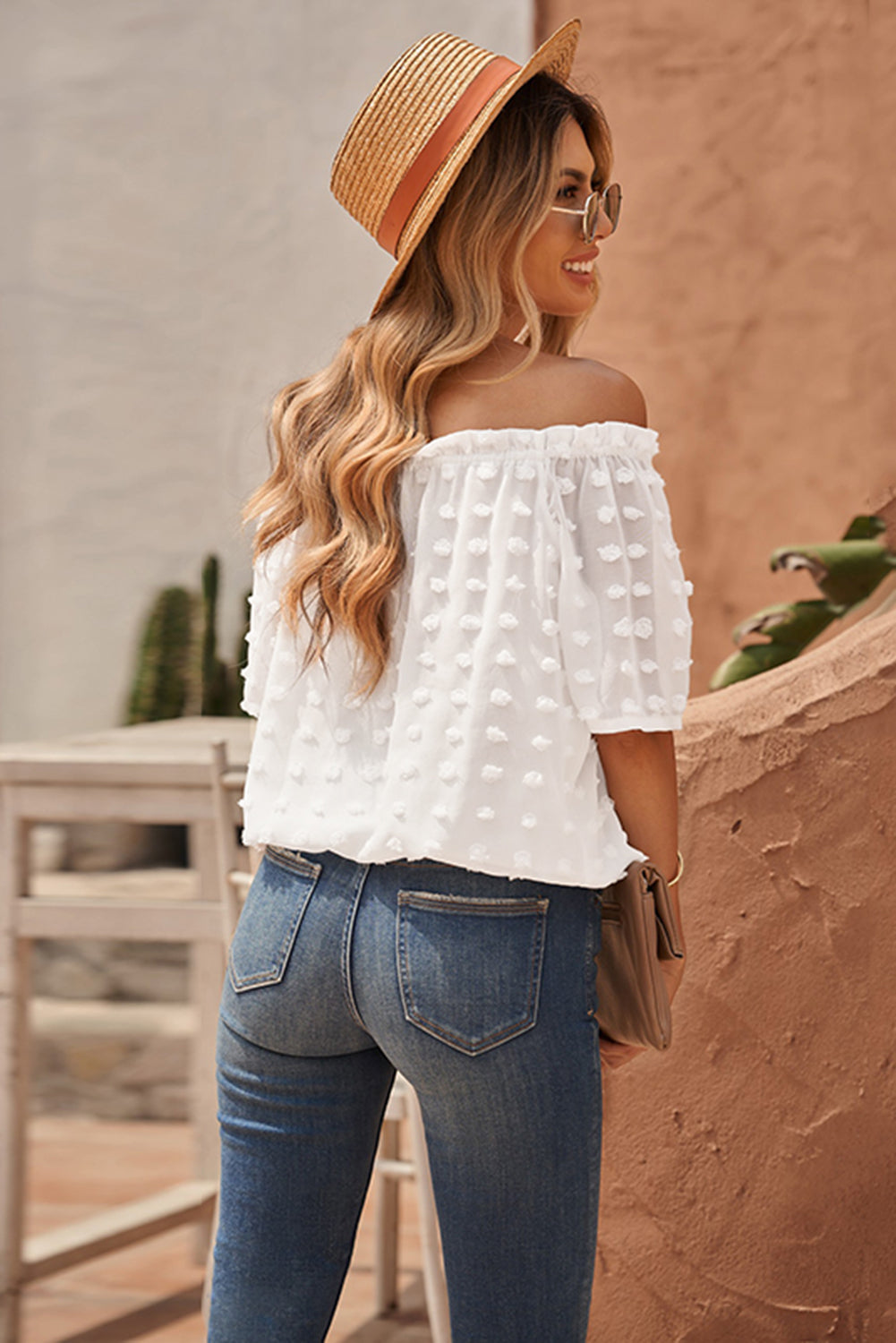 White Off The Shoulder Swiss Dot Crop Blouse