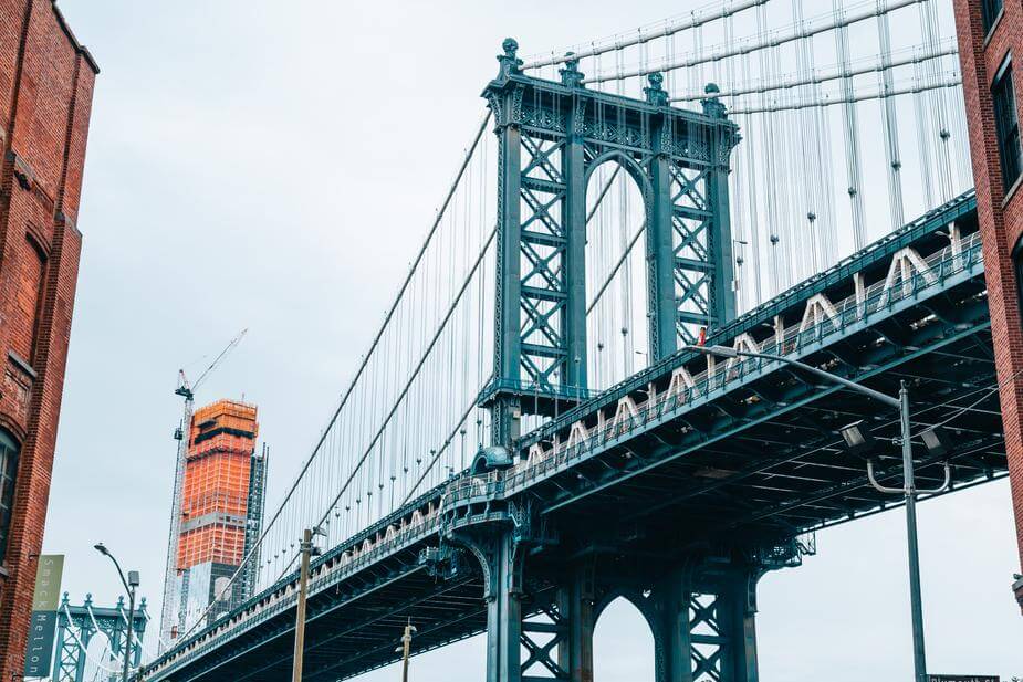 Large suspension bridge seen from the city streets below