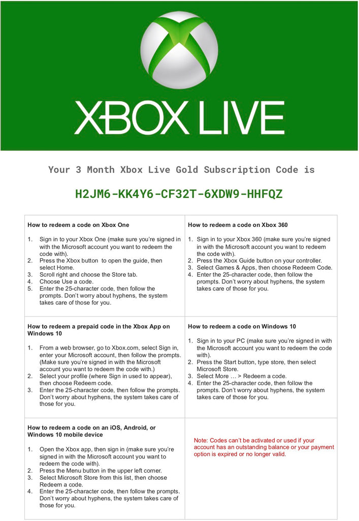 xbox live gold 1 month code