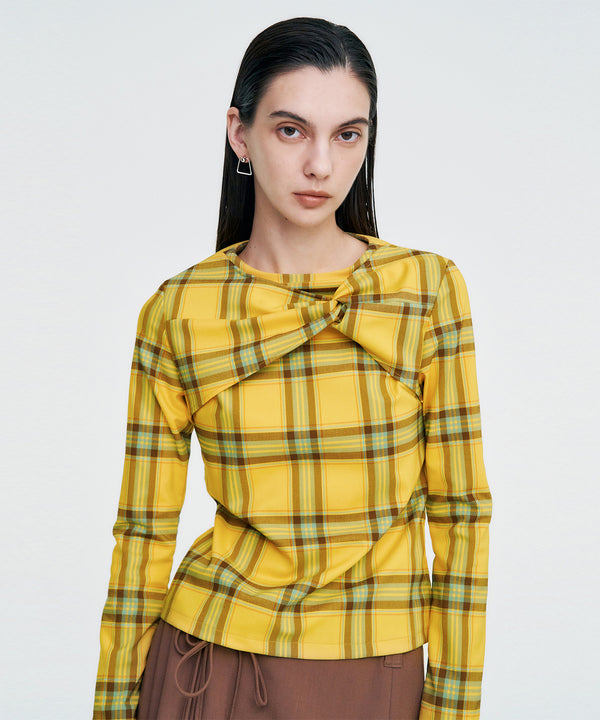 Twisted Check High-neck Top _ YELLOW