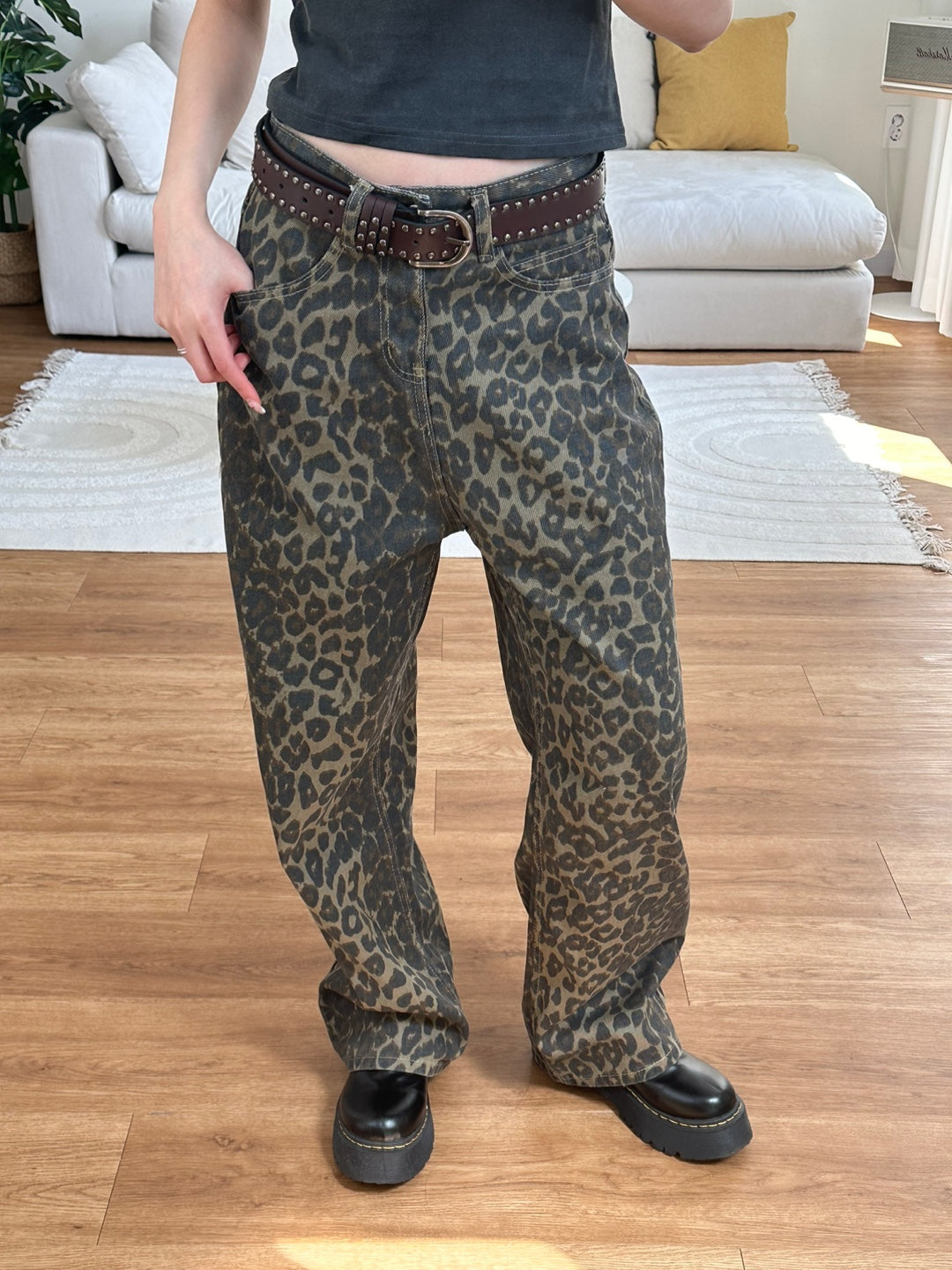 leopard denim pants