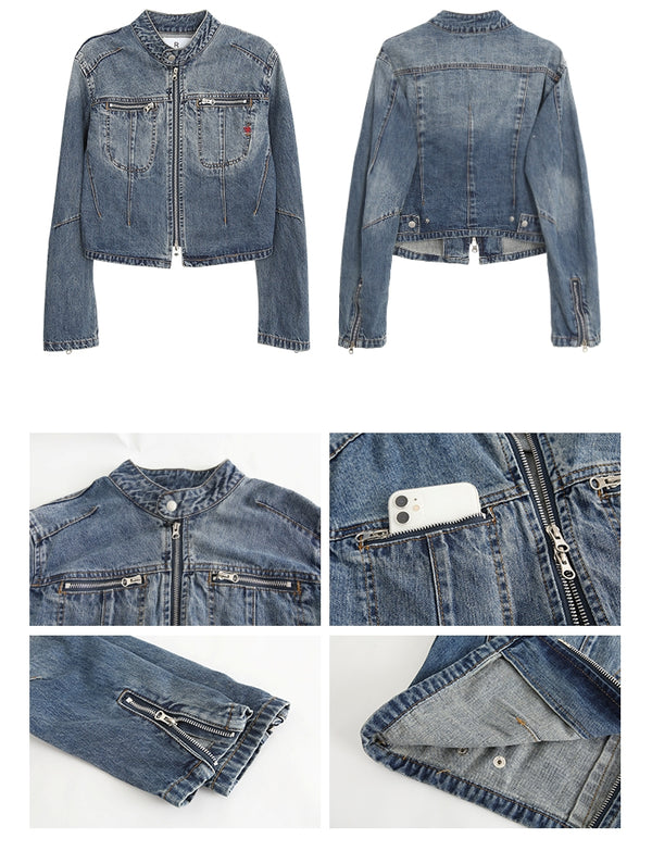 No collar denim vintage zip-up jacket