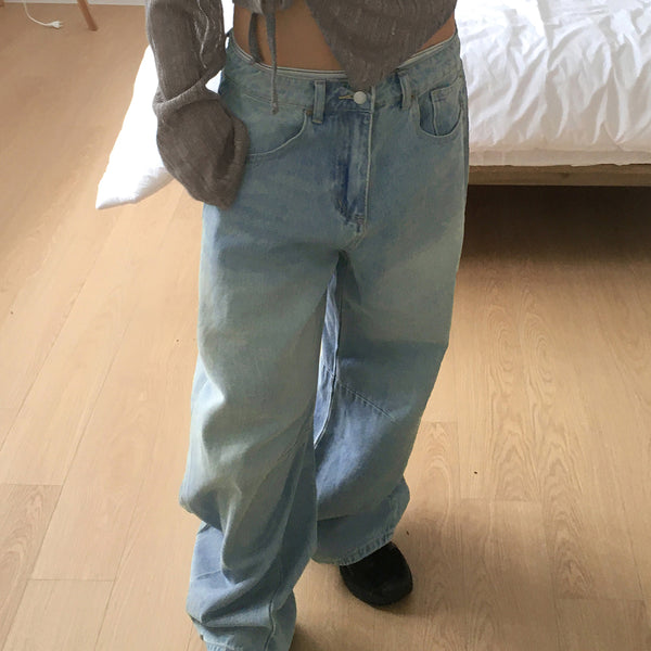 [S-XL] Nian incision washed wide denim pants