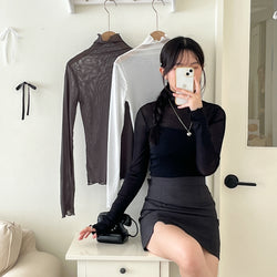 7647-Stand collar mesh sheer long-sleeved top