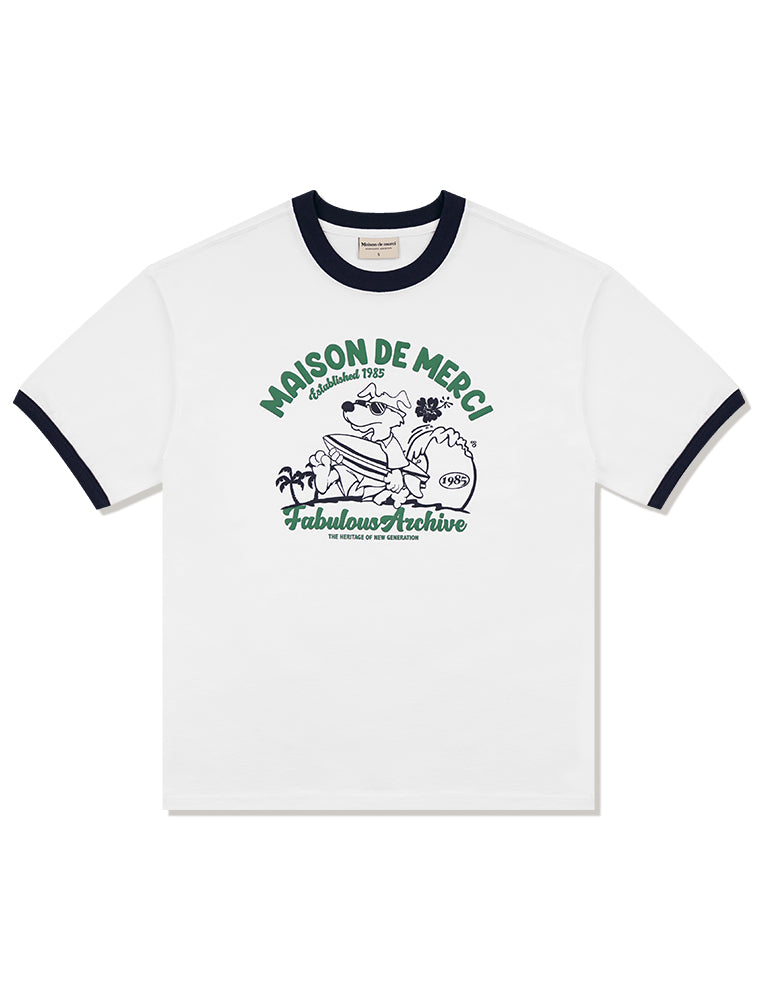 UNISEX Overfit Puppy Surfing Ringer Short Sleeve T-Shirt White (FCE2TS401M)