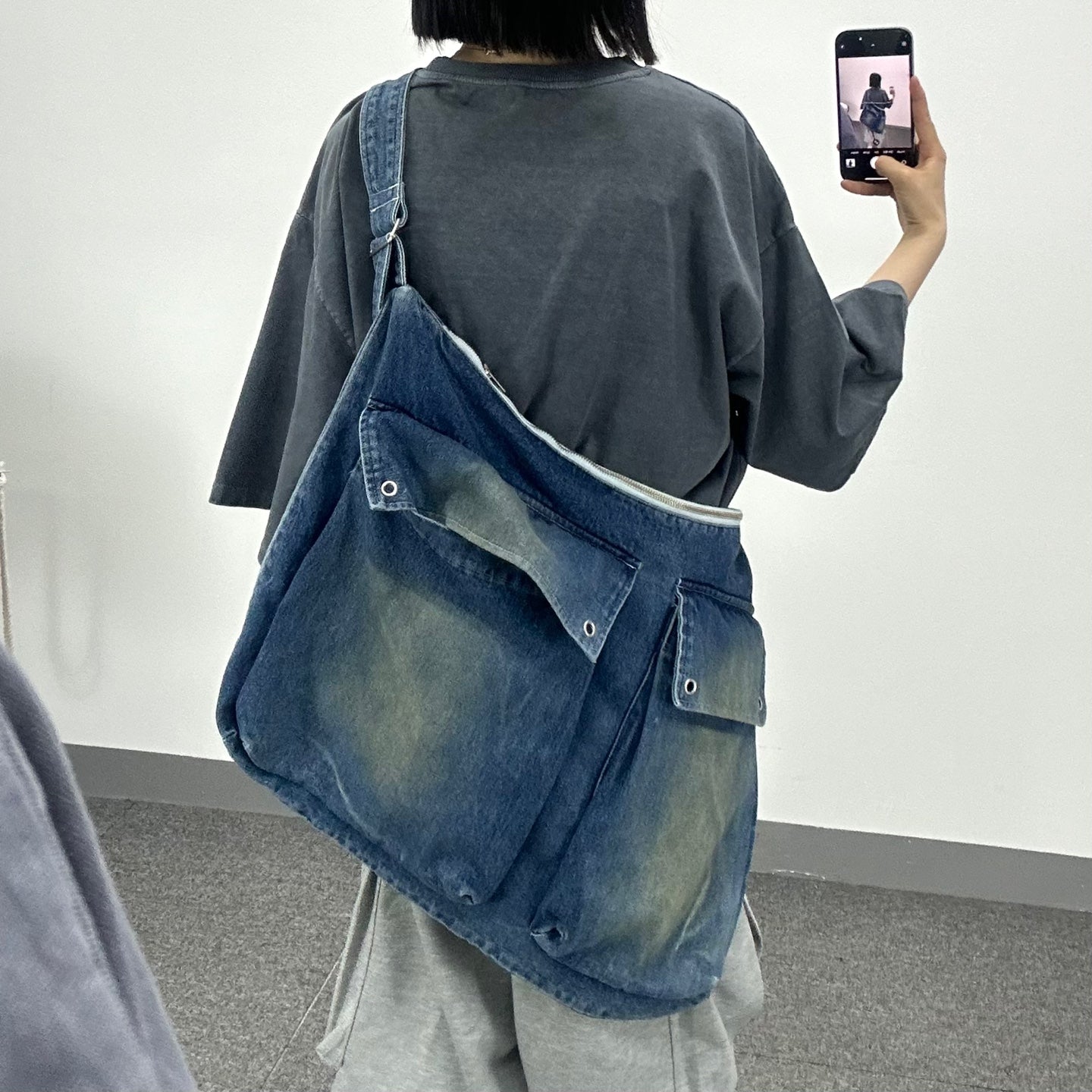  punching denim big messenger bag