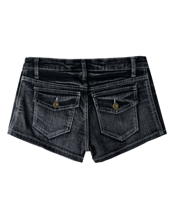 Stitched back pocket low-rise cracked black denim shorts (Denim)