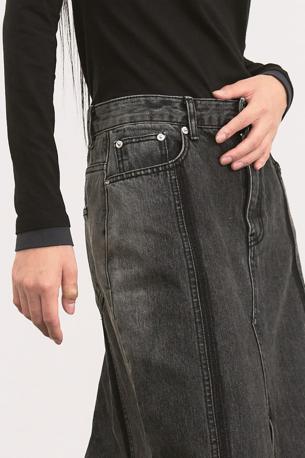 SHADOW DENIM LONG SKIRT / BLACK