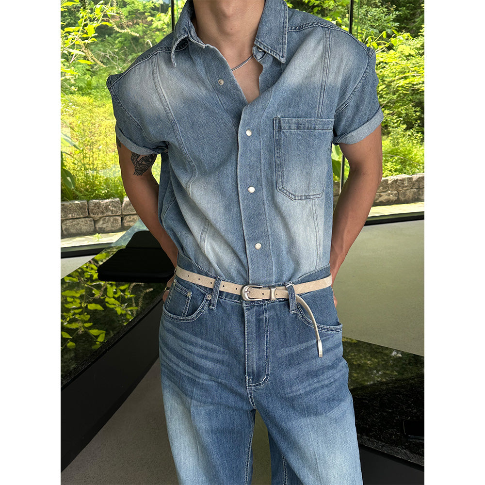 [MUSCLE FIT] Slit snap button denim shirts (3color)