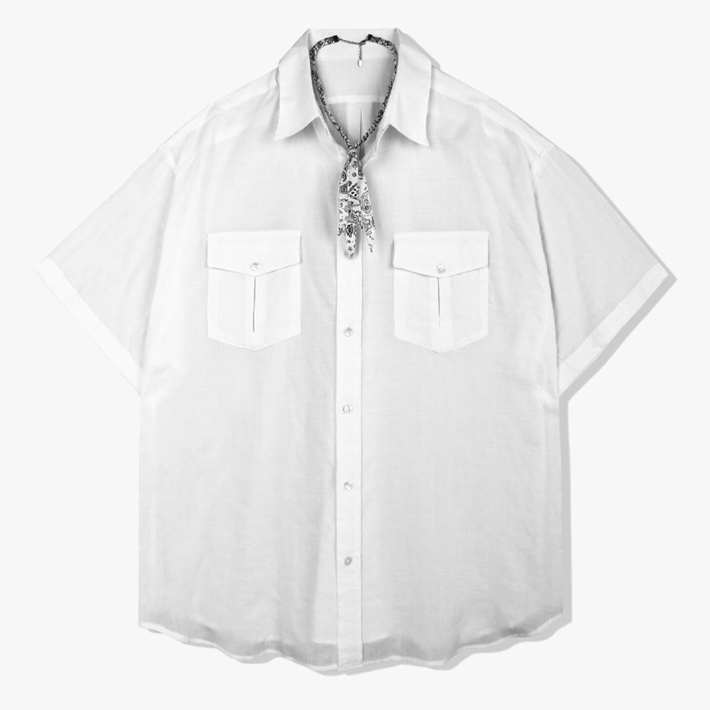 [bandana necklace set] washed check linen 2 pocket half shirt white