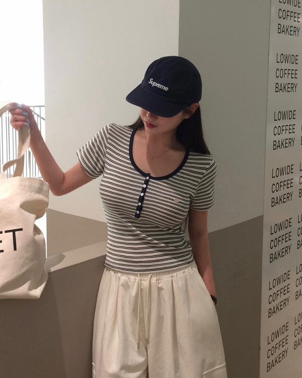 [MADE] Wow, ストライプUネック半袖Tシャツ