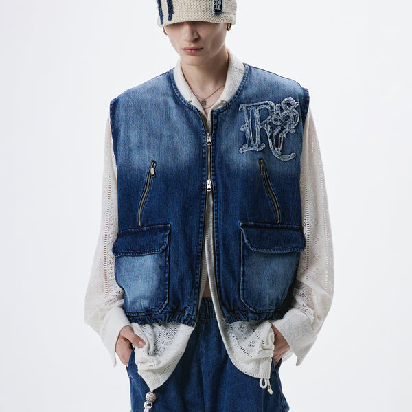 WASHING DENIM ZIPUP VEST - DENIM