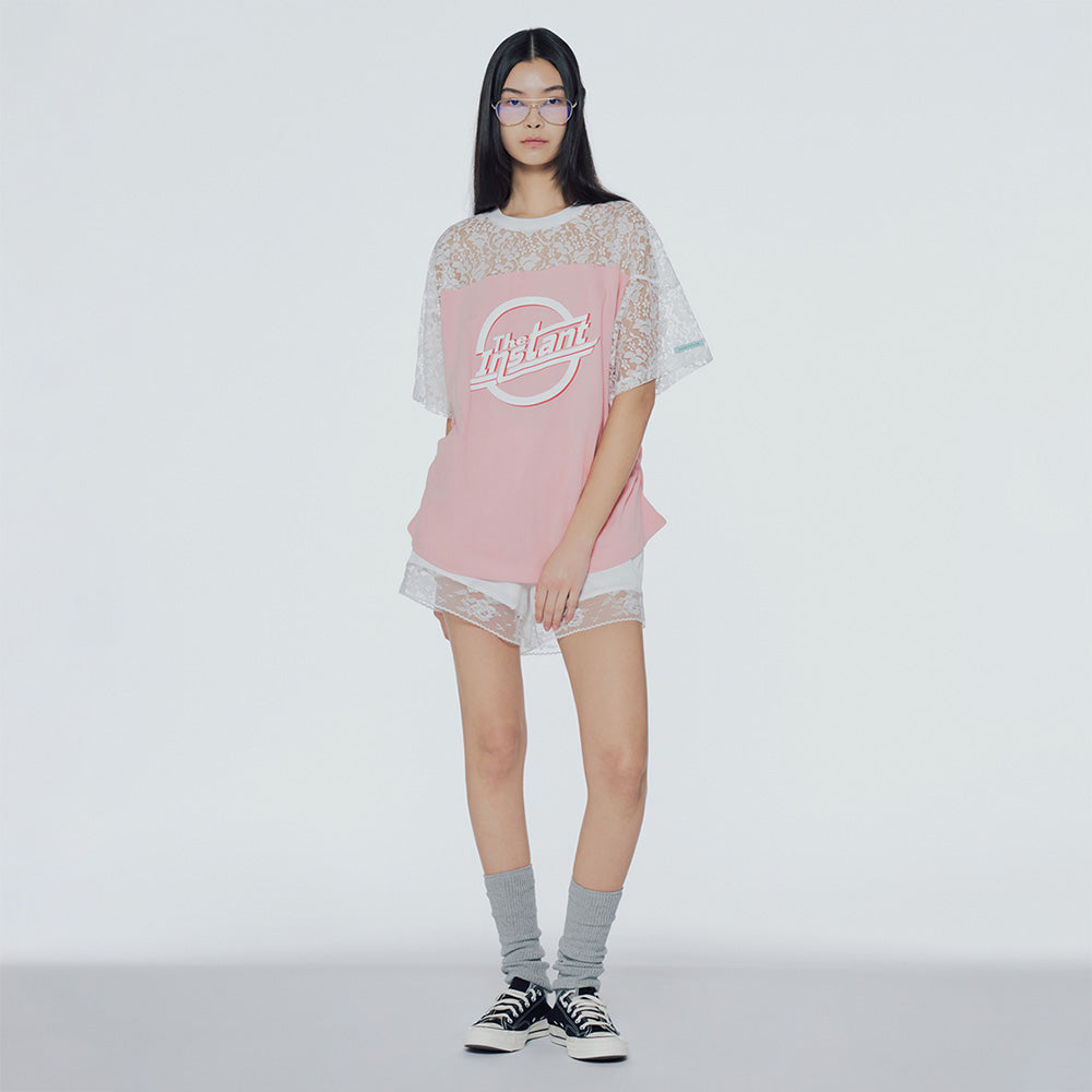 Lace mix shirred T-shirt - INSTANTFUNK | 60% - Asian Fashion