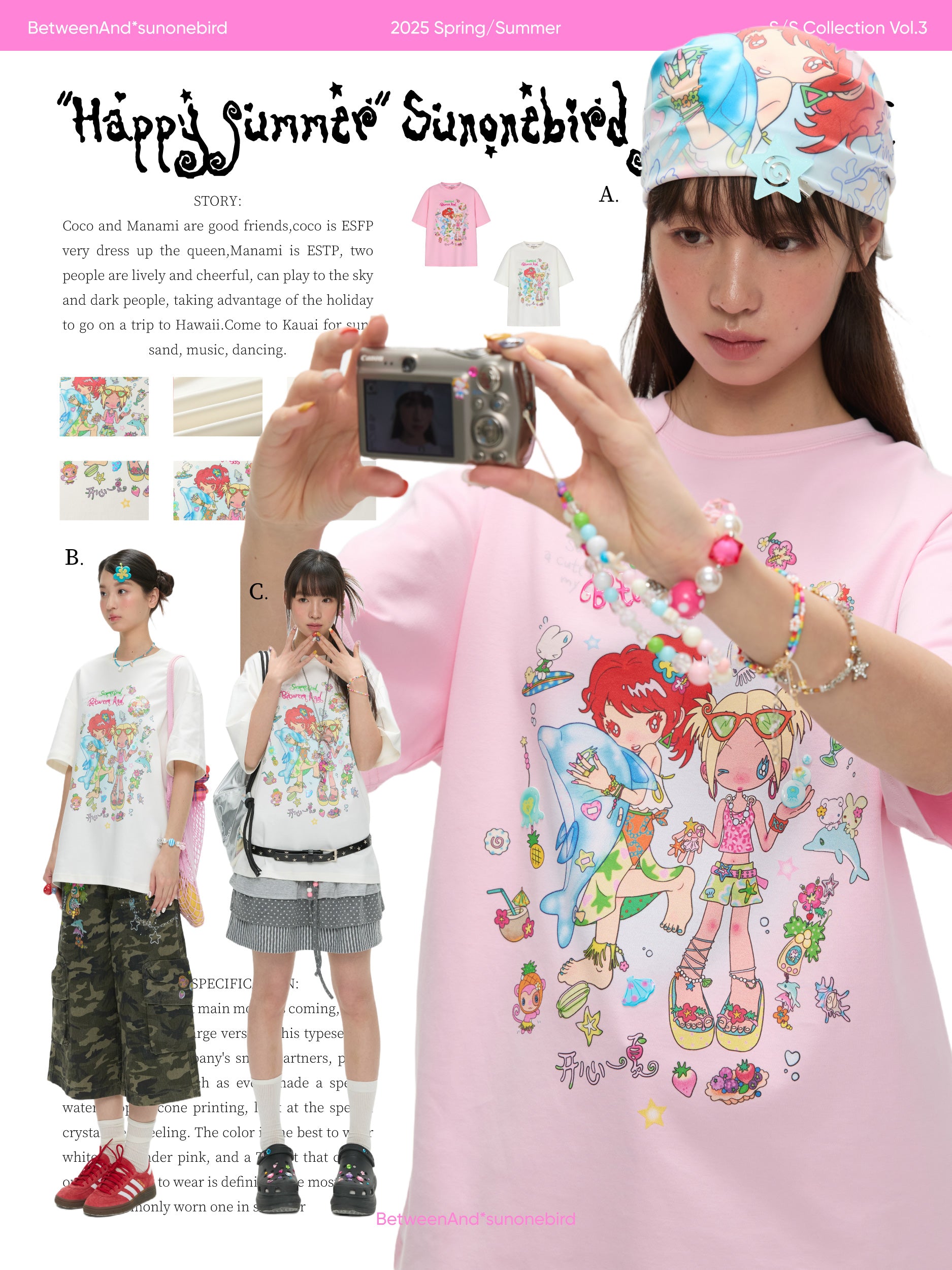 BETWEENAND x Bird and Bird サマーツーカラーピュアコットンクルーネックプリントTシャツ