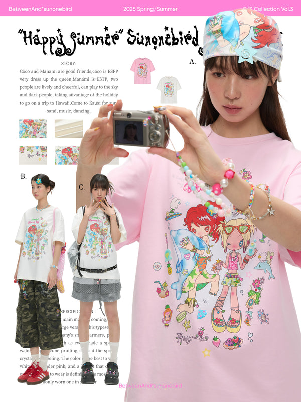 BETWEENAND x Bird and Bird サマーツーカラーピュアコットンクルーネックプリントTシャツ