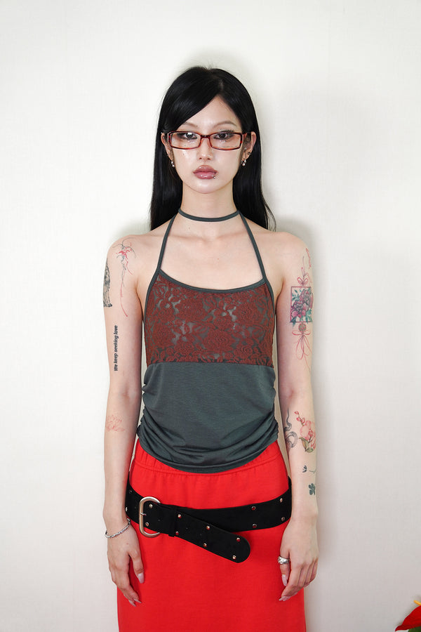 Me愛 - Antique rose halter sleeveless (NAVY/KHAKI)