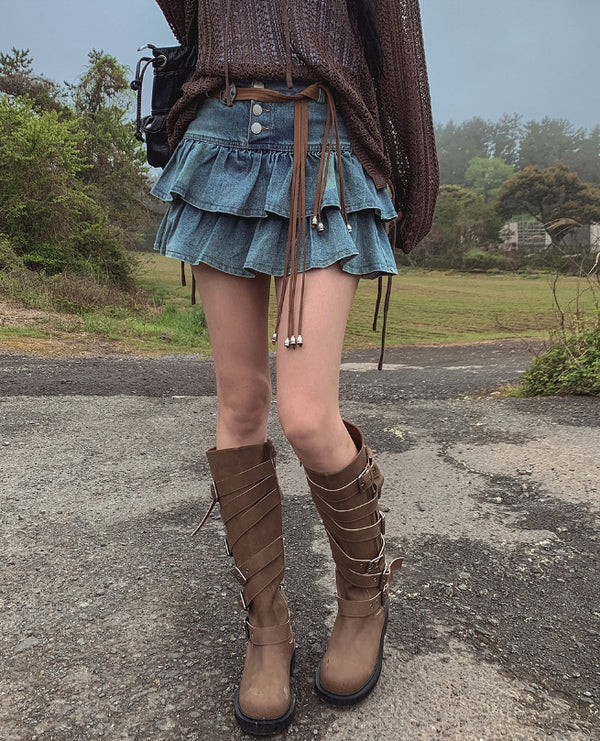 Bohemian Denim Tiered Mini Skirt (+Belt set)