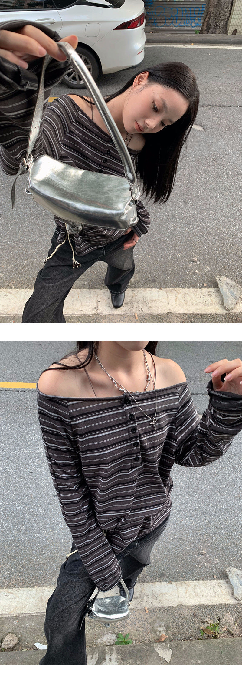 ワイドネックルーズフィットストライプロングスリーブTシャツ