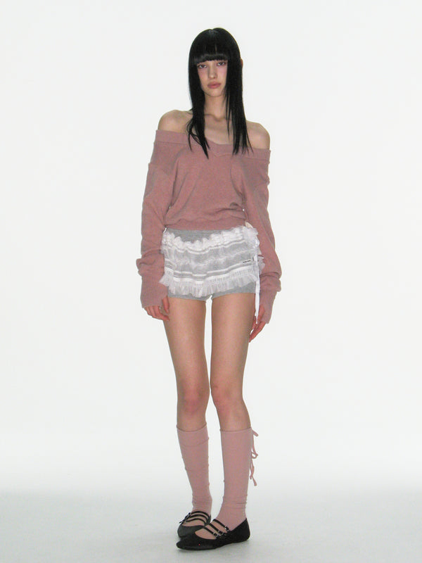 RIBBON WARMER V-NECK KNITWEAR_PINK