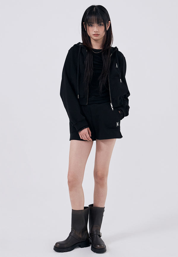 Signature tuck sleeve crop hood zip-up - BLACK