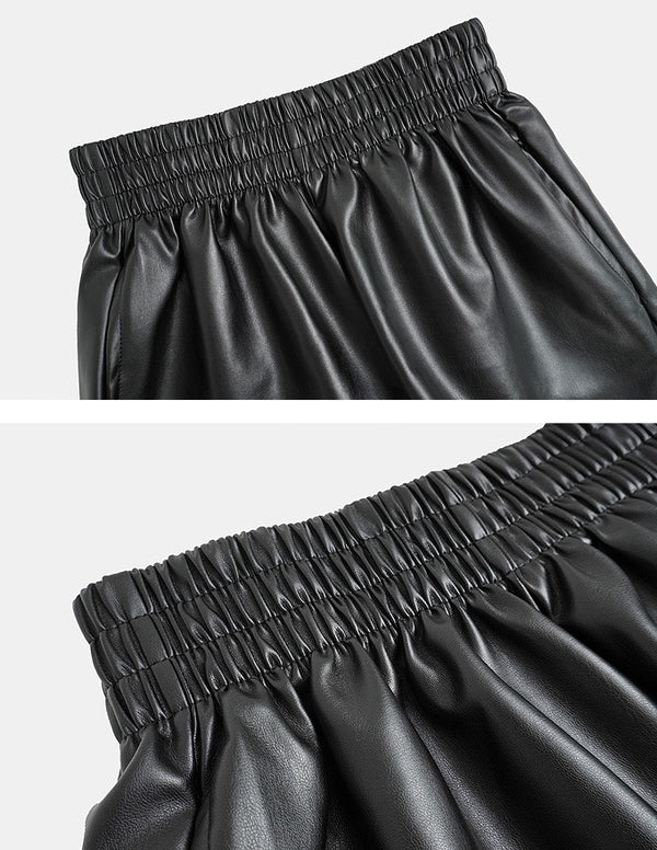 Synthetic Leather Triple Banding Wide Shorts