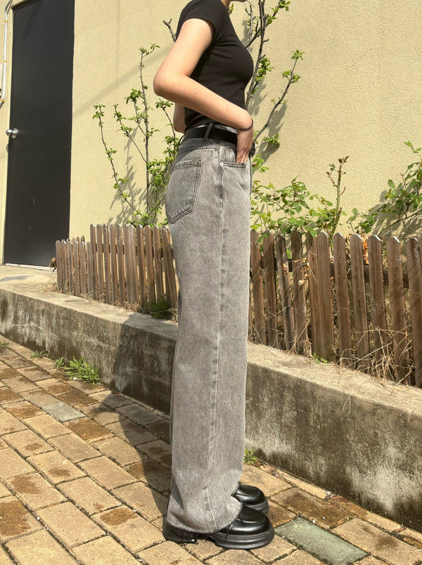 GRAY SEMI WIDE DENIM PANTS code 18113