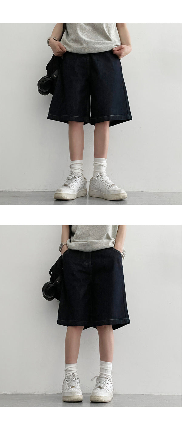 [S~XL] Haute Stitch Saint-Ji Denim Half-length Shorts