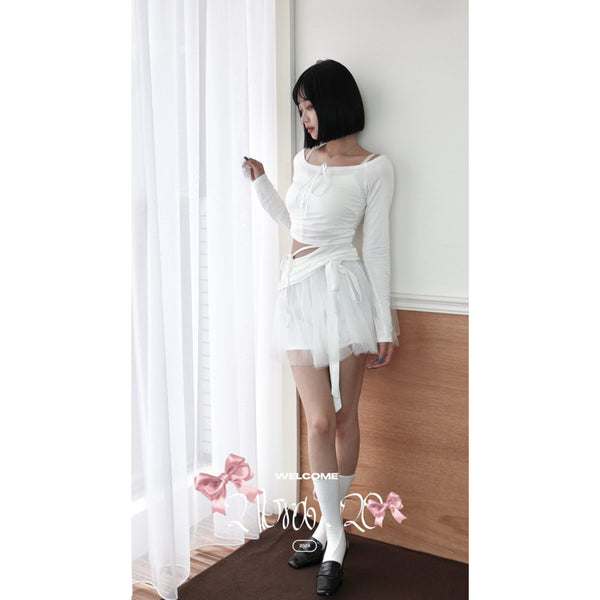 #S0604 white lace ribbon mesh skirt