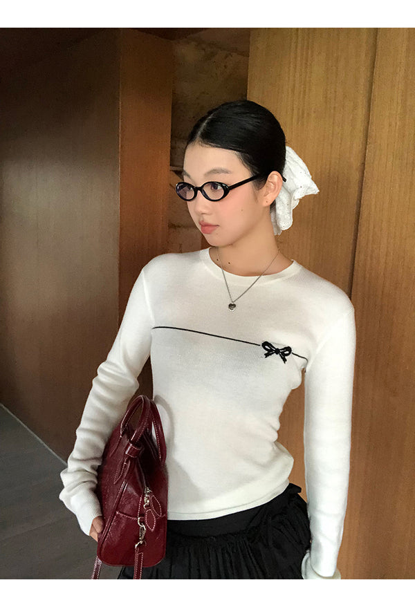 Bow Line Round Long Sleeve Knit T-shirt