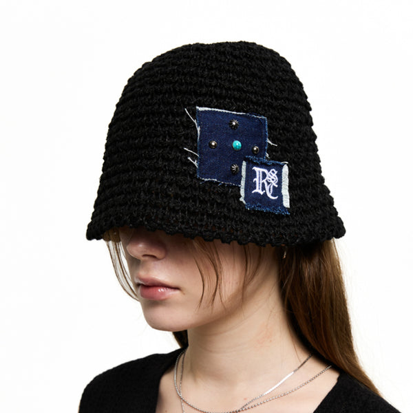 RIVET PATCHED KNIT BUCKET HAT - BLACK